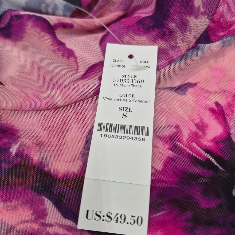 White House Black Market Mesh Turtleneck Floral Pansy Top Purple Small 570353360 - Picture 5 of 6
